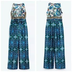 ZARA Faux Silk Blue Print Wide Leg Jumpsuit Sz Large